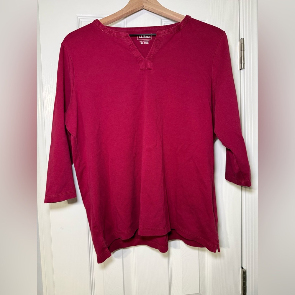 L.L.Bean Tee, Three-Quarter-Sleeve Splitneck Tunic Dark Cranberry Womens Sz XL